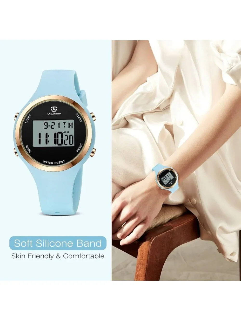 Women's Light Blue Quartz Chronograph Waterproof Outdoor Sport Digital Watch